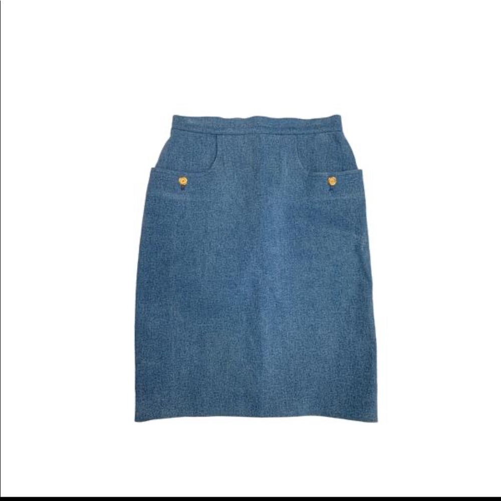 CHANEL Denim Logo Button High Waisted Skirt